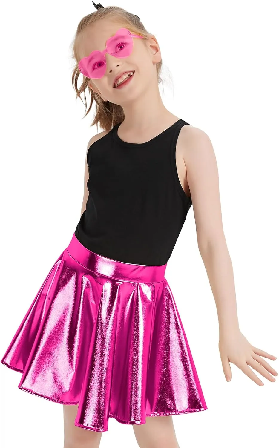 eccbox Girls Metallic Skirt Sparkle Shiny Dance Disco Flared Pleated A-Line Mini Skater Skirts with Sunglasses