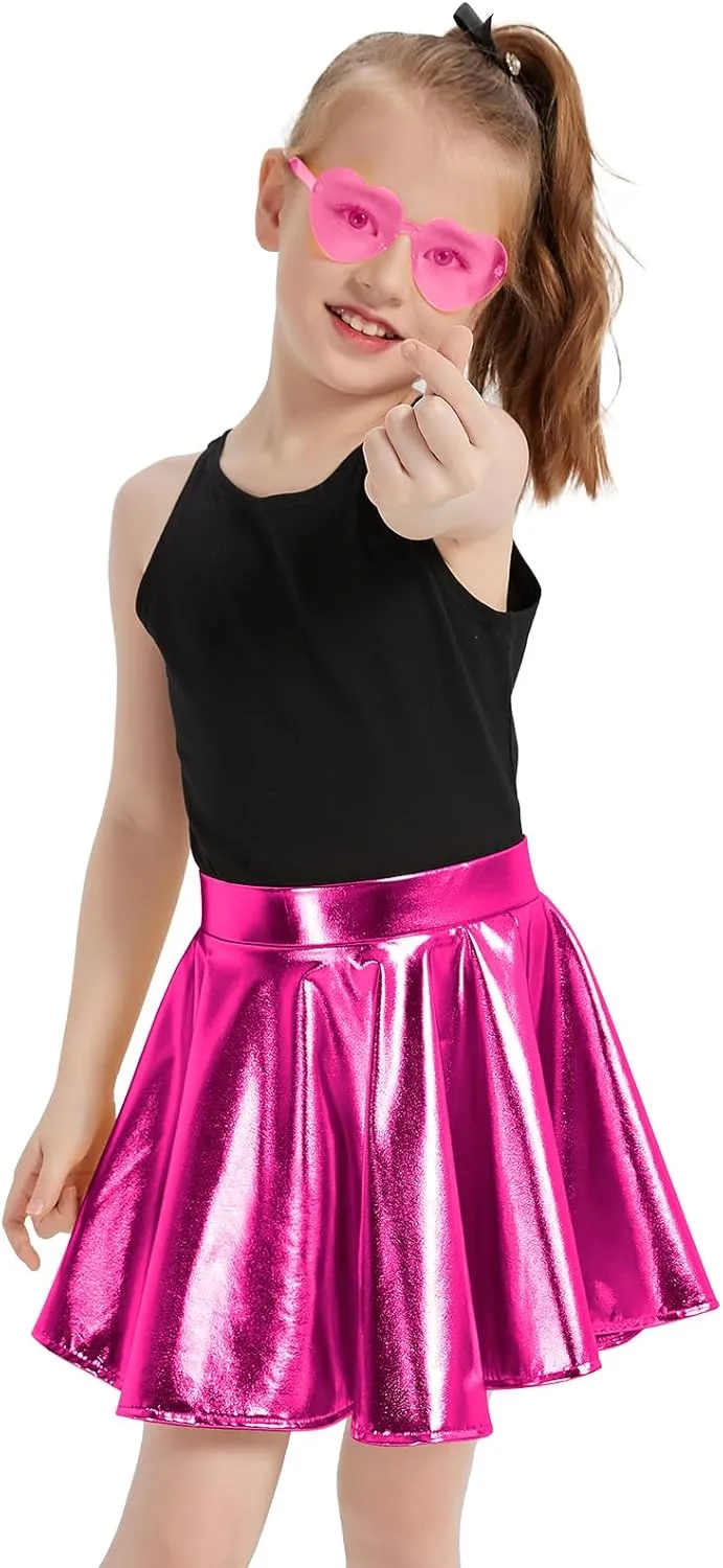eccbox Girls Metallic Skirt Sparkle Shiny Dance Disco Flared Pleated A-Line Mini Skater Skirts with Sunglasses