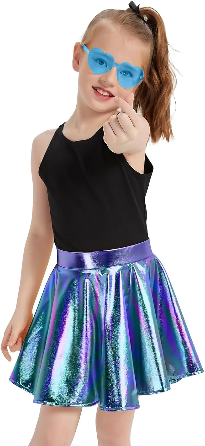eccbox Girls Metallic Skirt Sparkle Shiny Dance Disco Flared Pleated A-Line Mini Skater Skirts with Sunglasses