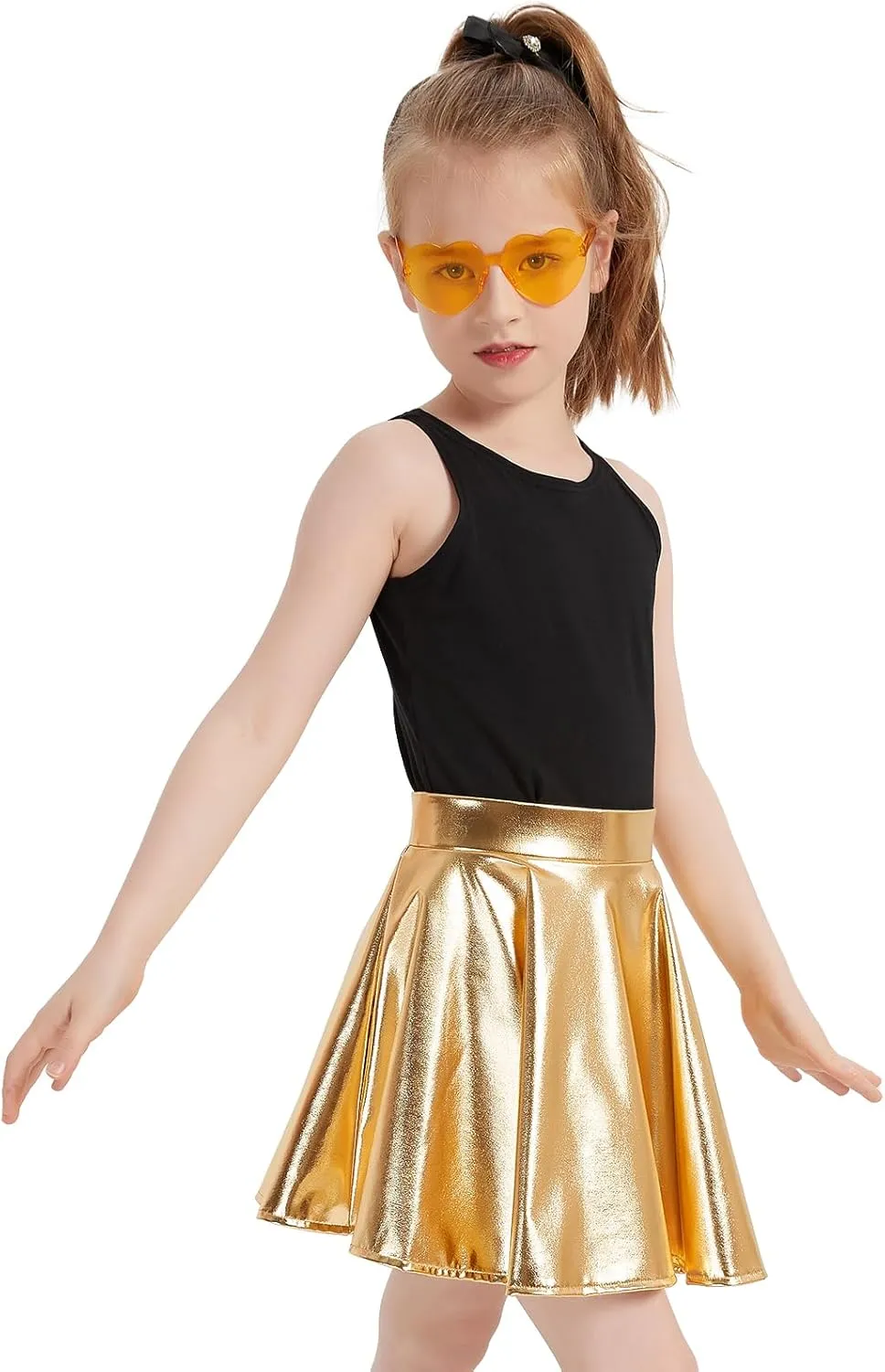 eccbox Girls Metallic Skirt Sparkle Shiny Dance Disco Flared Pleated A-Line Mini Skater Skirts with Sunglasses