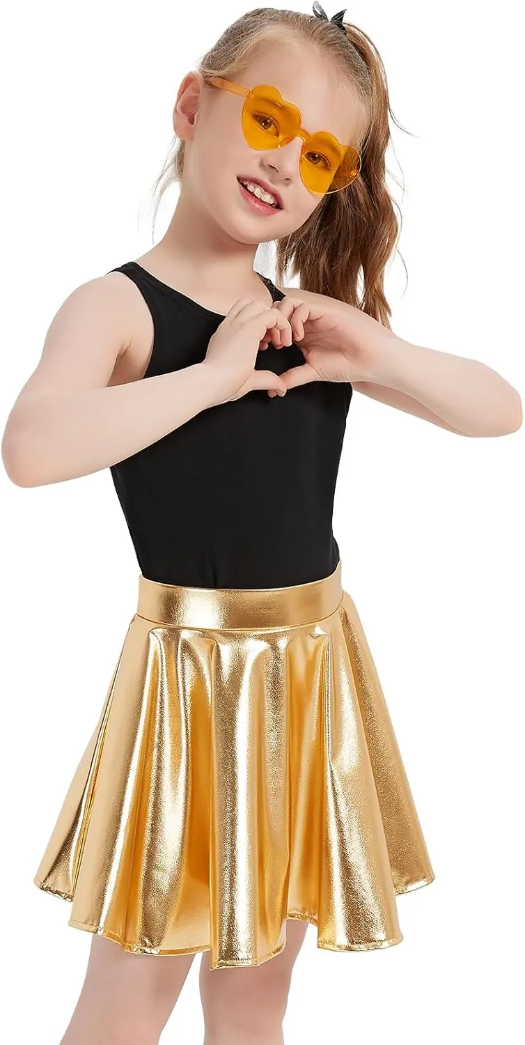 eccbox Girls Metallic Skirt Sparkle Shiny Dance Disco Flared Pleated A-Line Mini Skater Skirts with Sunglasses