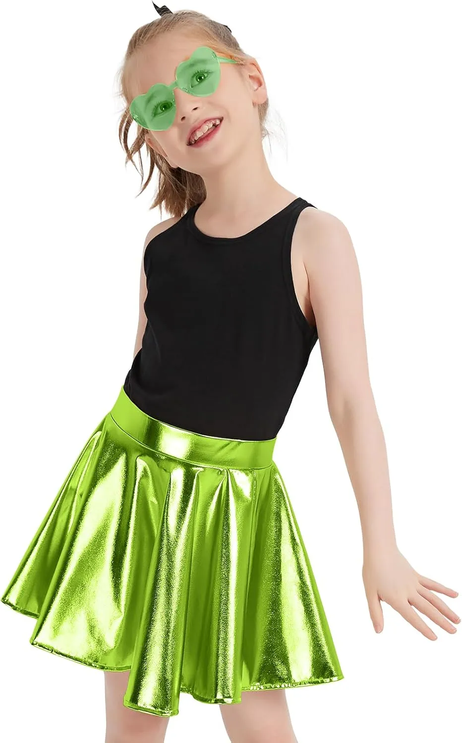 eccbox Girls Metallic Skirt Sparkle Shiny Dance Disco Flared Pleated A-Line Mini Skater Skirts with Sunglasses