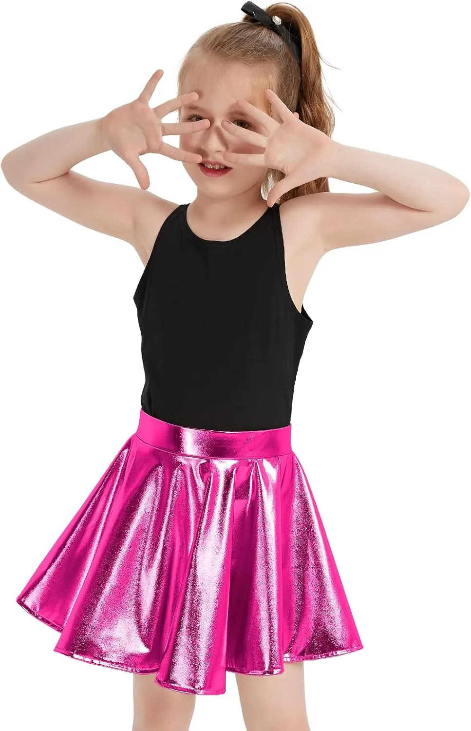 eccbox Girls Metallic Skirt Sparkle Shiny Dance Disco Flared Pleated A-Line Mini Skater Skirts with Sunglasses