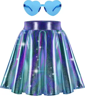 eccbox Girls Metallic Skirt Sparkle Shiny Dance Disco Flared Pleated A-Line Mini Skater Skirts with Sunglasses
