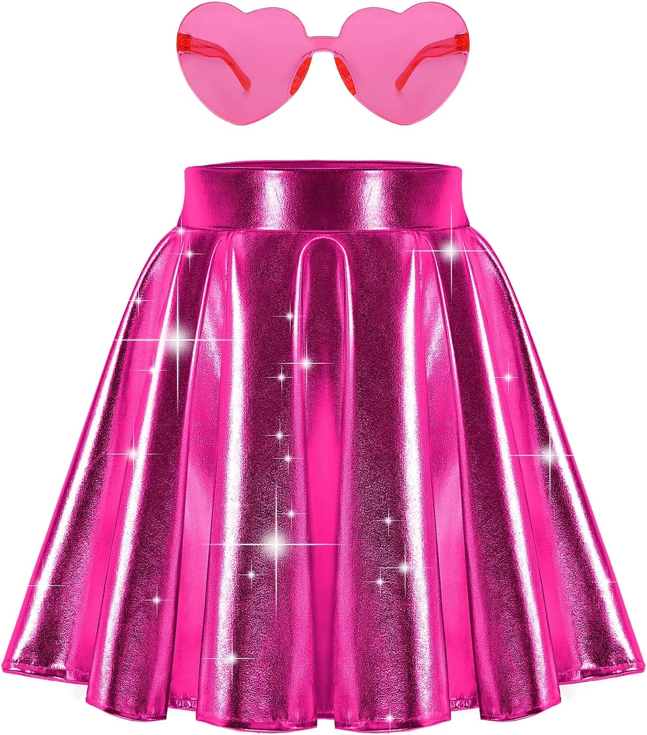 eccbox Girls Metallic Skirt Sparkle Shiny Dance Disco Flared Pleated A-Line Mini Skater Skirts with Sunglasses