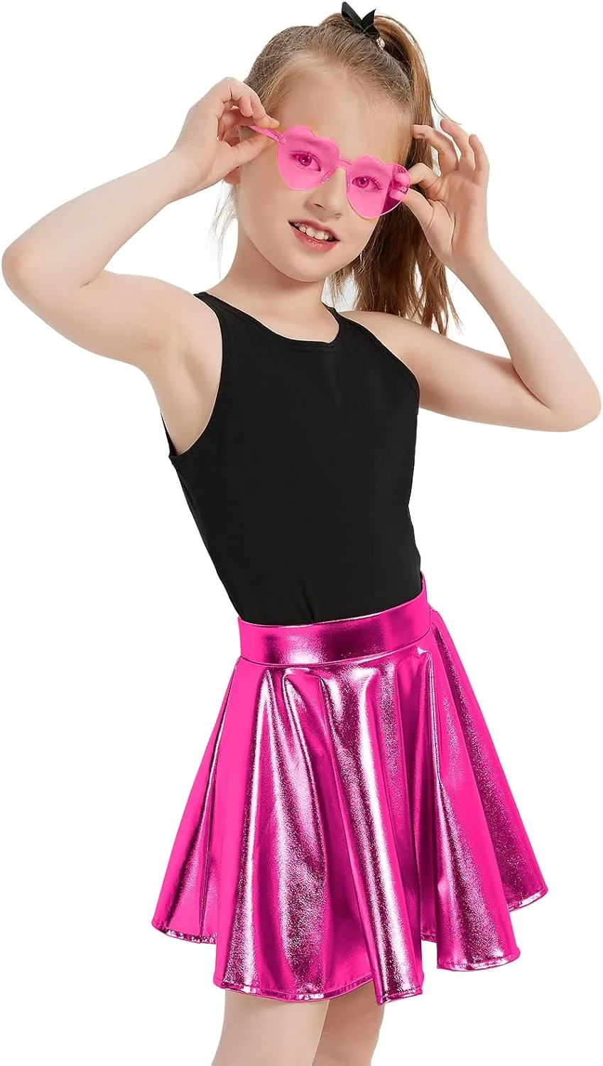 eccbox Girls Metallic Skirt Sparkle Shiny Dance Disco Flared Pleated A-Line Mini Skater Skirts with Sunglasses