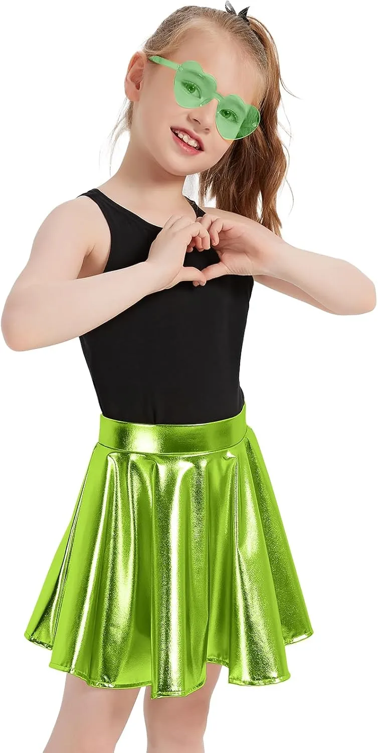 eccbox Girls Metallic Skirt Sparkle Shiny Dance Disco Flared Pleated A-Line Mini Skater Skirts with Sunglasses