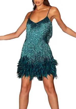 Ecirod Womens Tassel Feather Sequin Mini Dress Sexy V Neck Spaghetti Strap Short Fringe Dresses