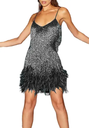 Ecirod Womens Tassel Feather Sequin Mini Dress Sexy V Neck Spaghetti Strap Short Fringe Dresses