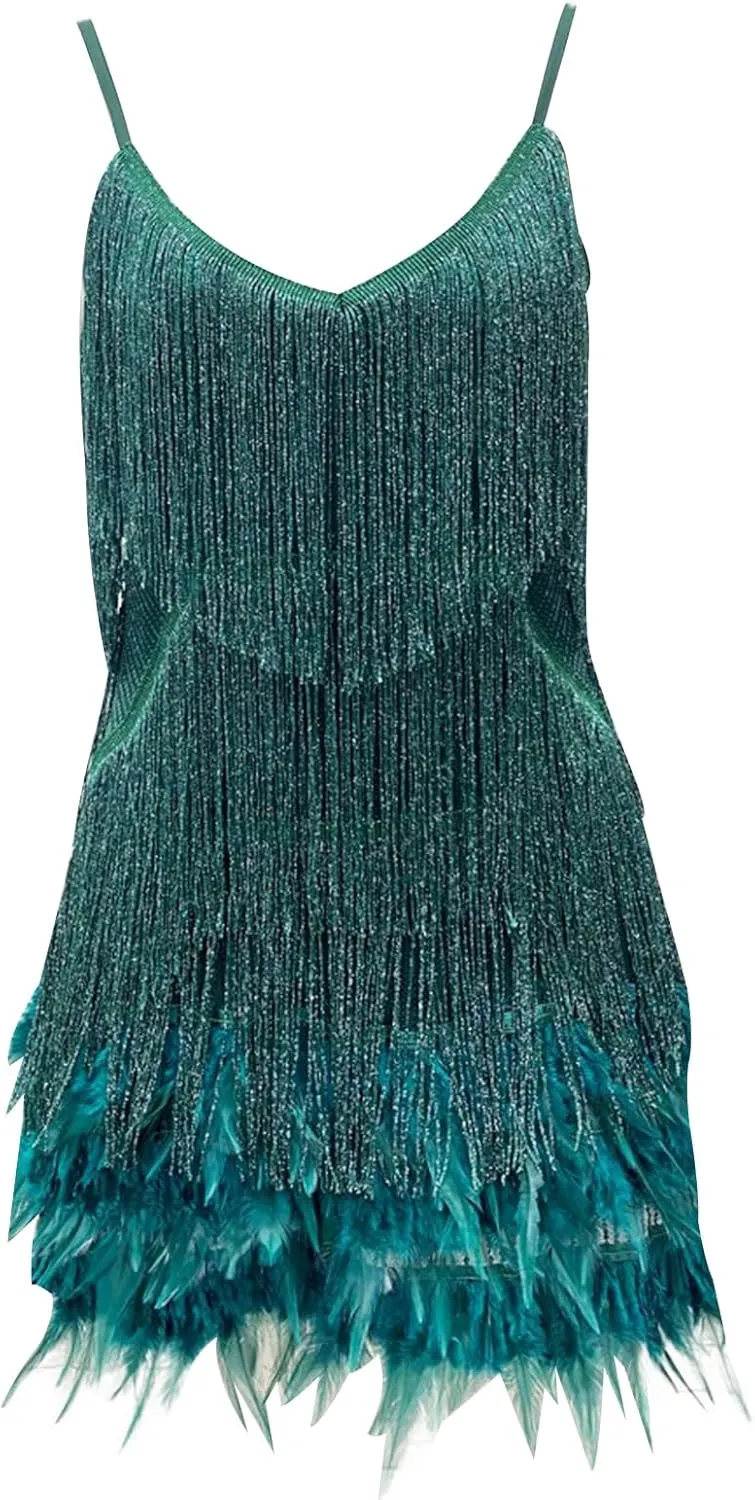 Ecirod Womens Tassel Feather Sequin Mini Dress Sexy V Neck Spaghetti Strap Short Fringe Dresses