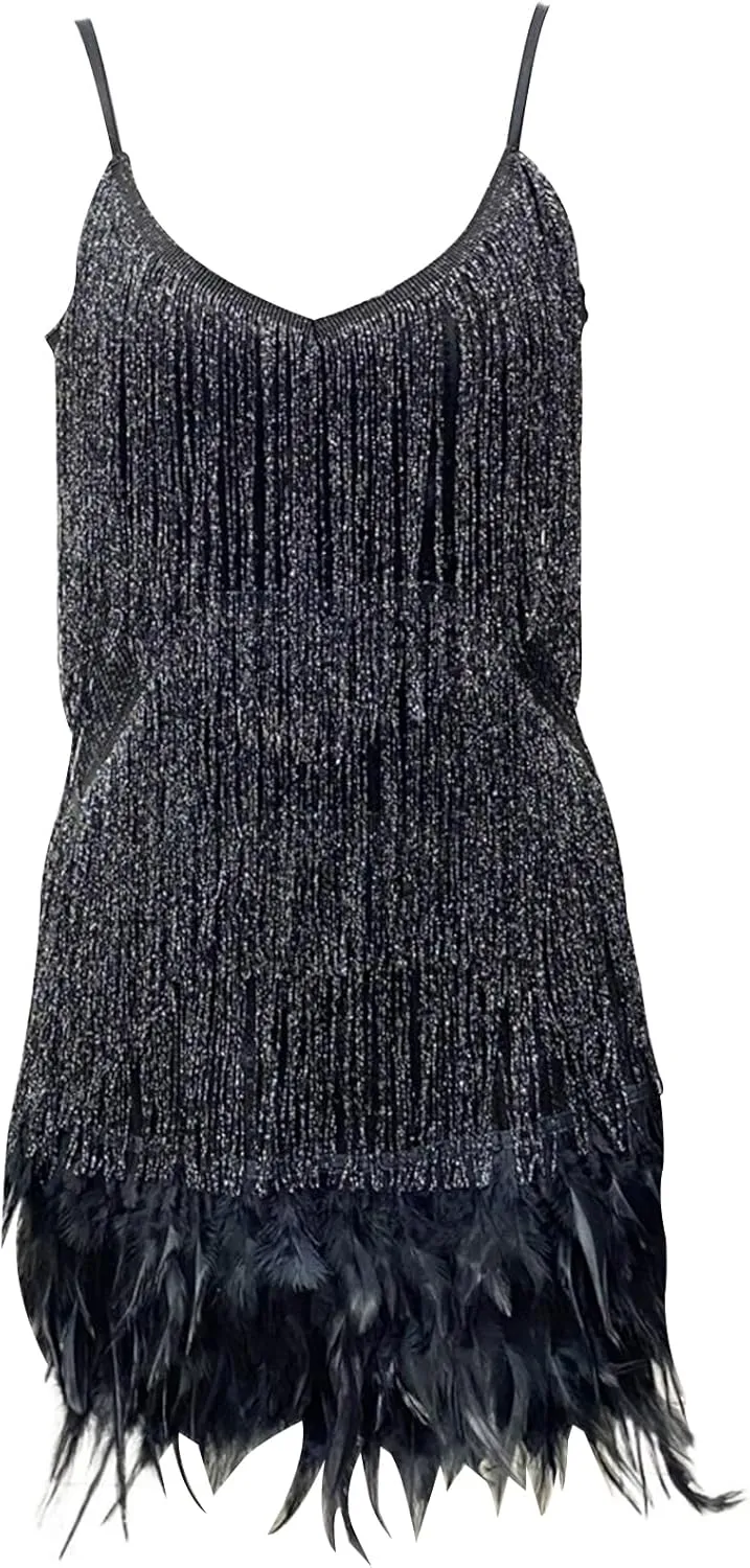 Ecirod Womens Tassel Feather Sequin Mini Dress Sexy V Neck Spaghetti Strap Short Fringe Dresses