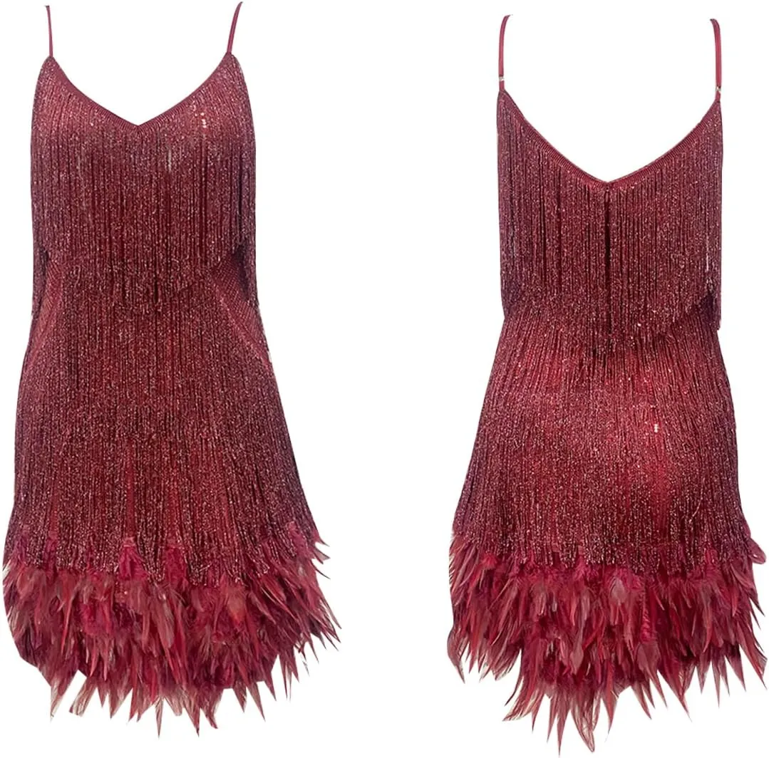 Ecirod Womens Tassel Feather Sequin Mini Dress Sexy V Neck Spaghetti Strap Short Fringe Dresses