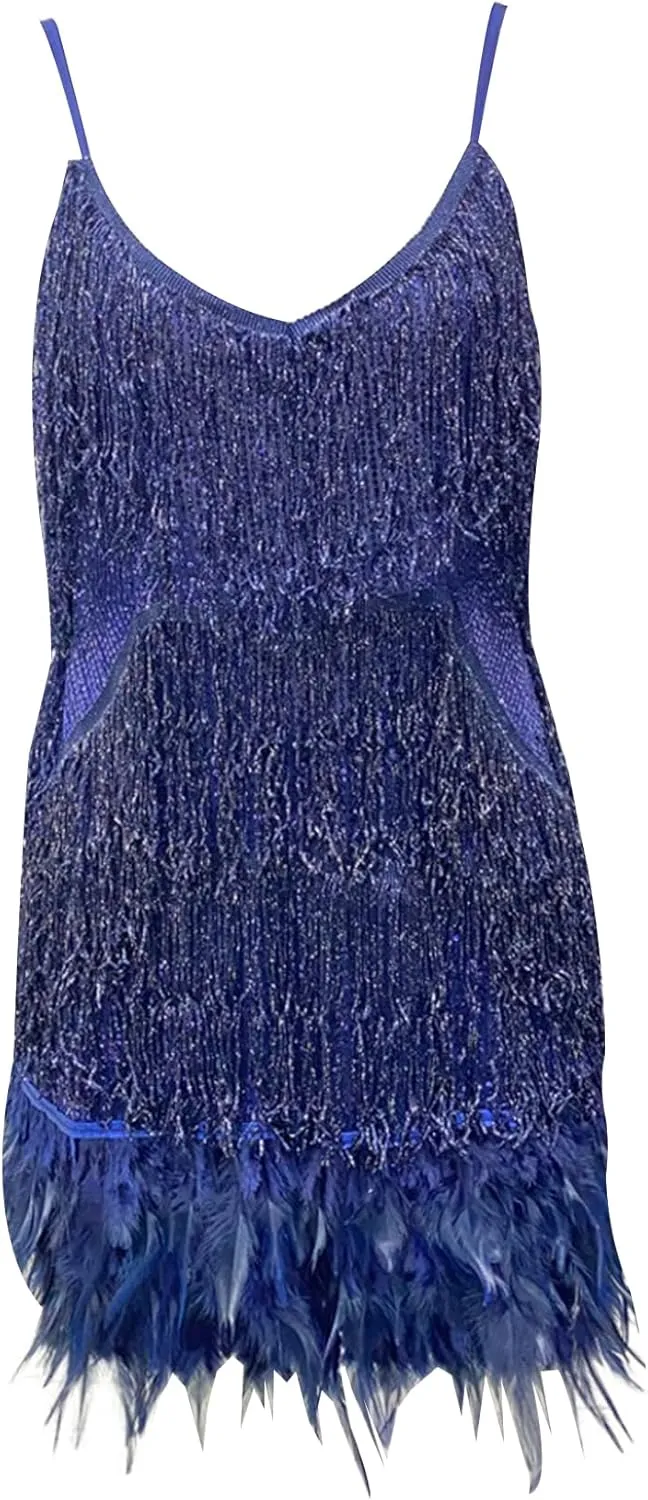Ecirod Womens Tassel Feather Sequin Mini Dress Sexy V Neck Spaghetti Strap Short Fringe Dresses