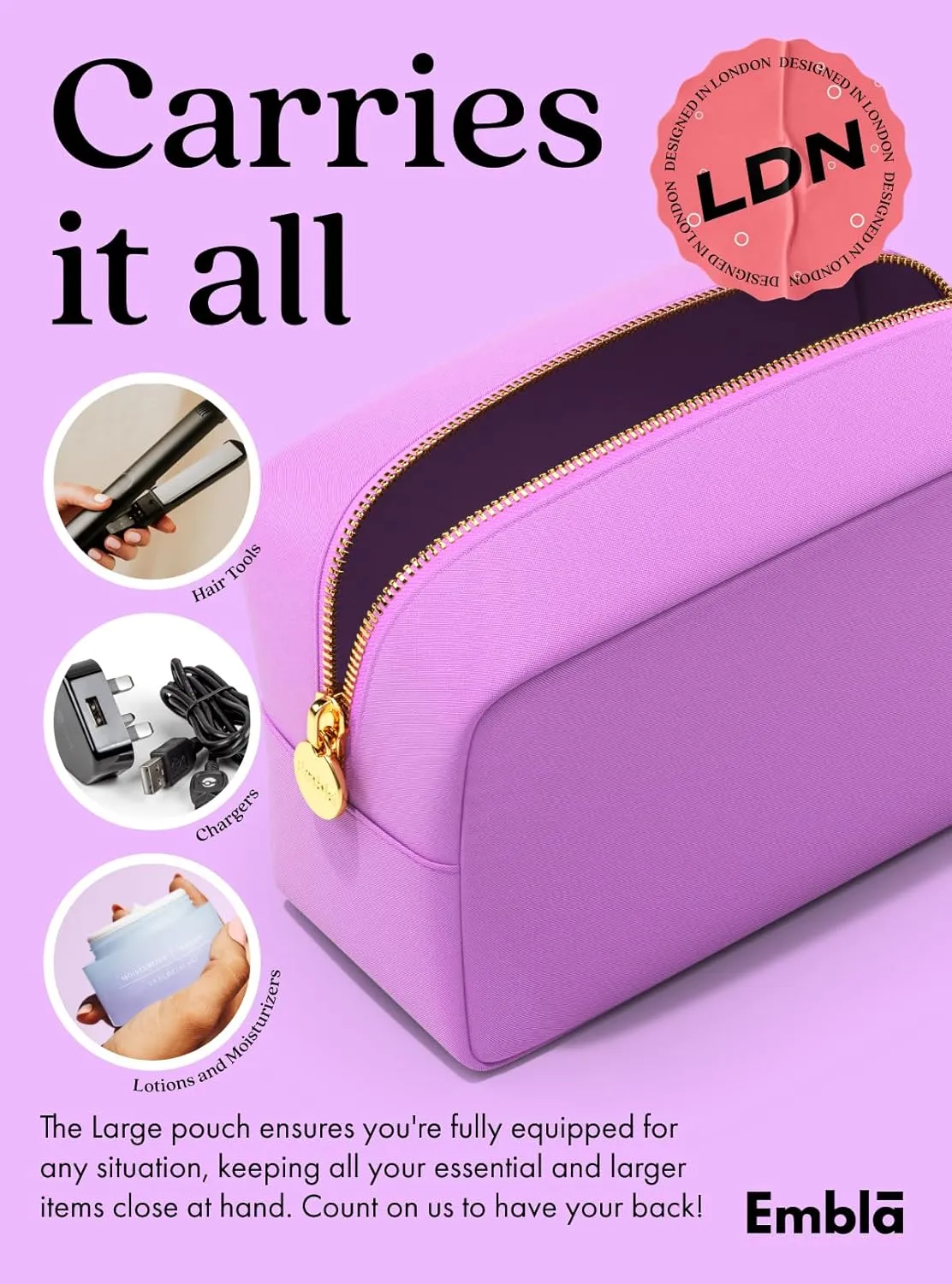 Embla Makeup Bag Travel Cosmetics Pouch and Toiletry Bag, Nylon Zipper Pouch Purse, Cute Make Up Organizer Storage Tote for Women Girls, Waterproof Travel Skincare Case, Large Makeup Bags, Plum