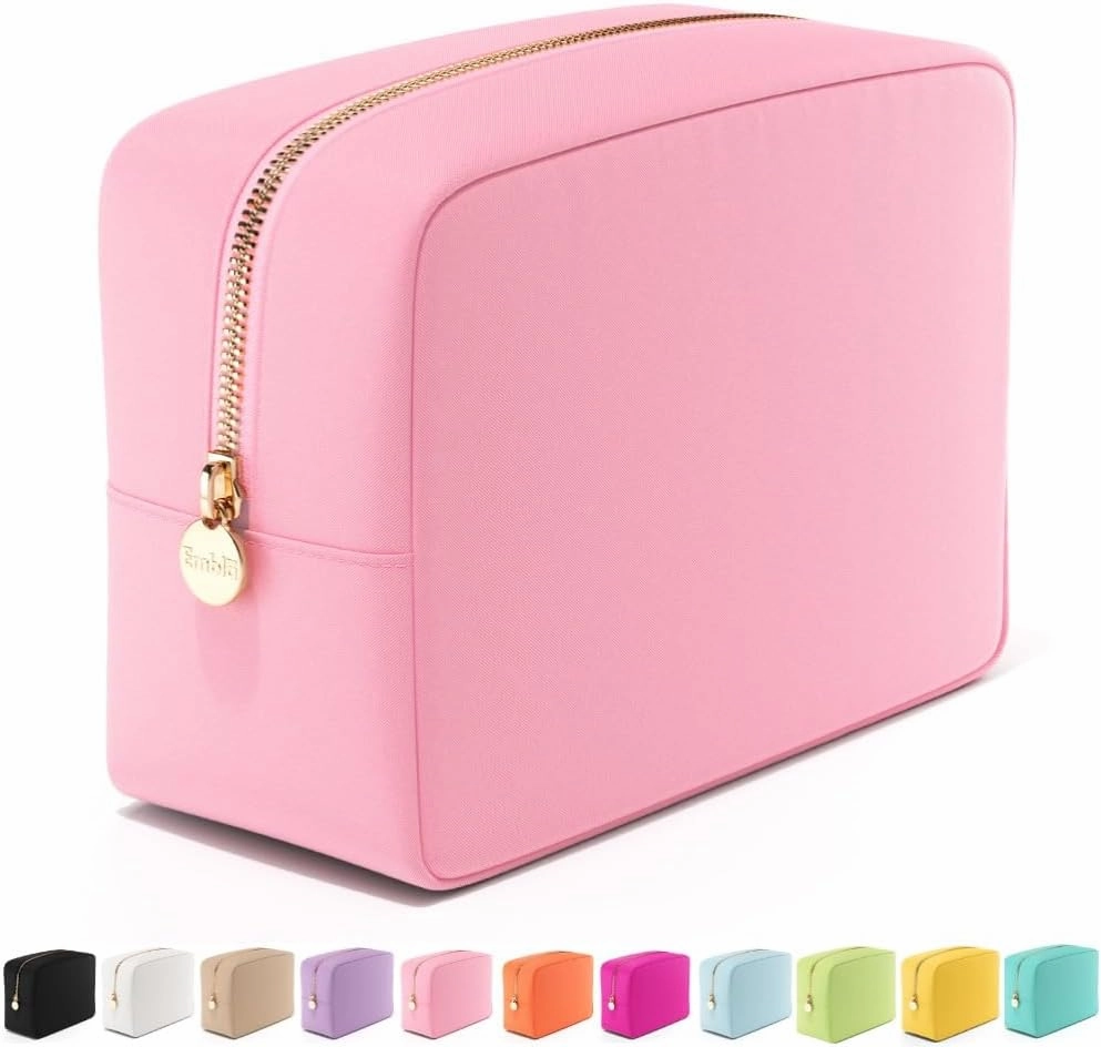 Embla Makeup Bag Travel Cosmetics Pouch and Toiletry Bag, Nylon Zipper Pouch Purse, Cute Make Up Organizer Storage Tote for Women Girls, Travel Skincare Case, Large Makeup Bags, Flamingo Pink