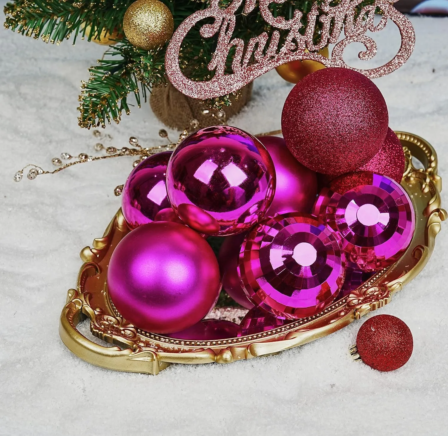 Emopeak 4Pcs Christmas Balls Ornaments for Xmas Christmas Tree - 4 Style Shatterproof Christmas Tree Decorations Hanging Ball for Holiday Wedding Party Decoration (Rose Red,4"/10CM)