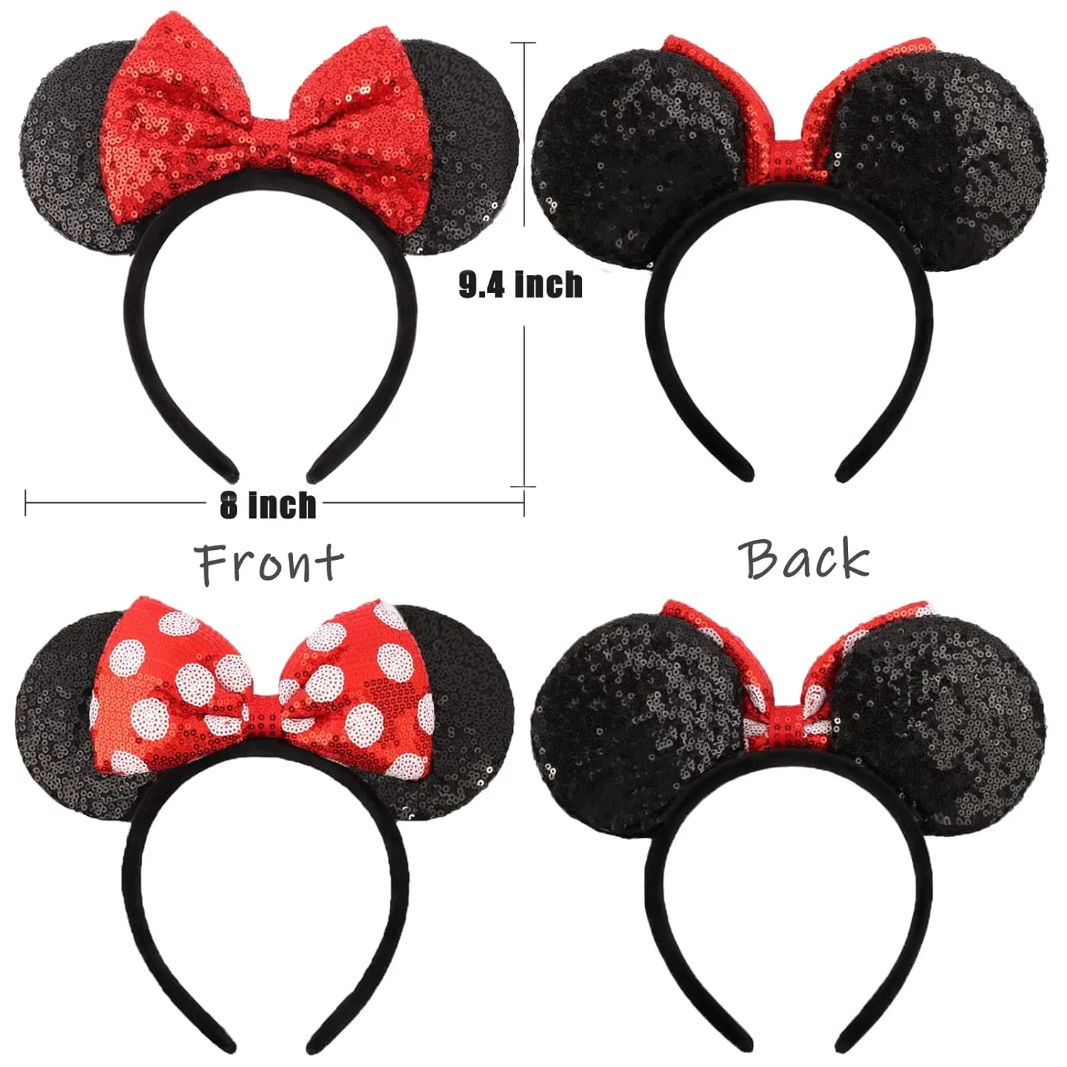ETLUK Mouse Ears Headbands, 2 PCS Black Red Bow Headband, Classic Shinny Bow Cute Headbands for Women, Girls (Red Dot & Black)