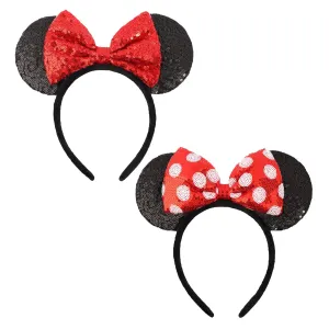 ETLUK Mouse Ears Headbands, 2 PCS Black Red Bow Headband, Classic Shinny Bow Cute Headbands for Women, Girls (Red Dot & Black)