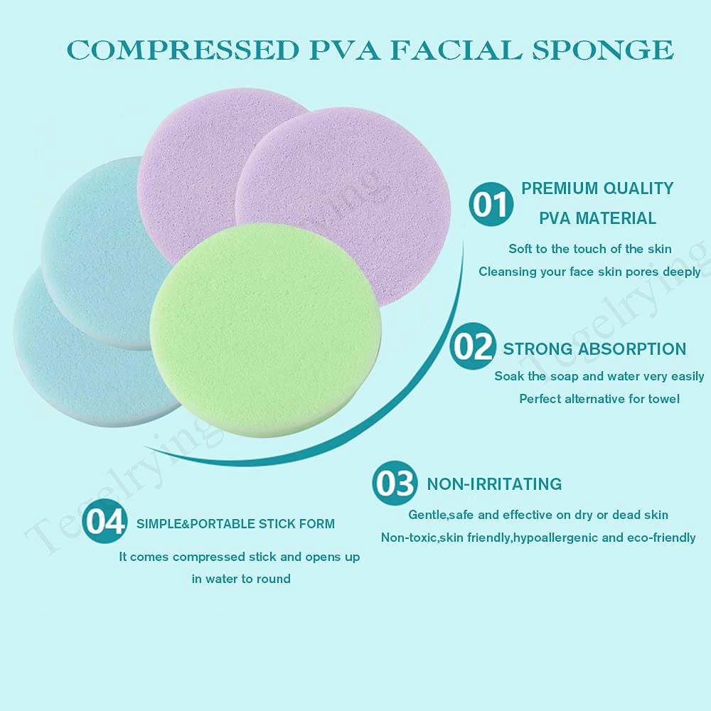 Facial Sponge Compressed,120 Count PVA Professional Makeup Removal Round Face Wash Sponges Spa Pads Exfoliating Cleansing for Women,Blue,Purple,Green