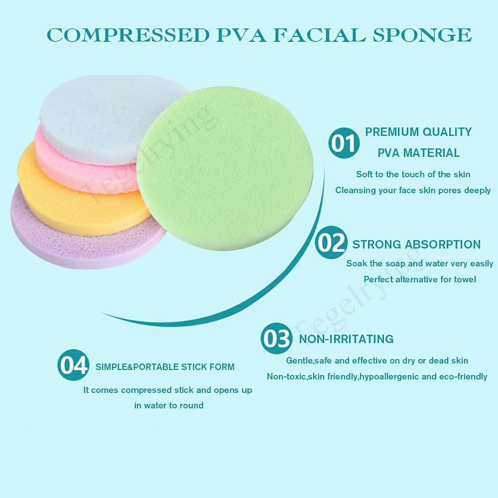 Facial Sponge Compressed,120 Count PVA Professional Makeup Removal Round Face Wash Sponges Spa Pads Exfoliating Cleansing for Women,Yellow,Pink,Purple,Blue,Green