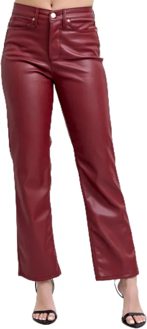 Faux Leather Straight Pants - High-Waisted Tummy Control Straight Red Faux Leather Pants - Women’s Shaping Pants - 88898