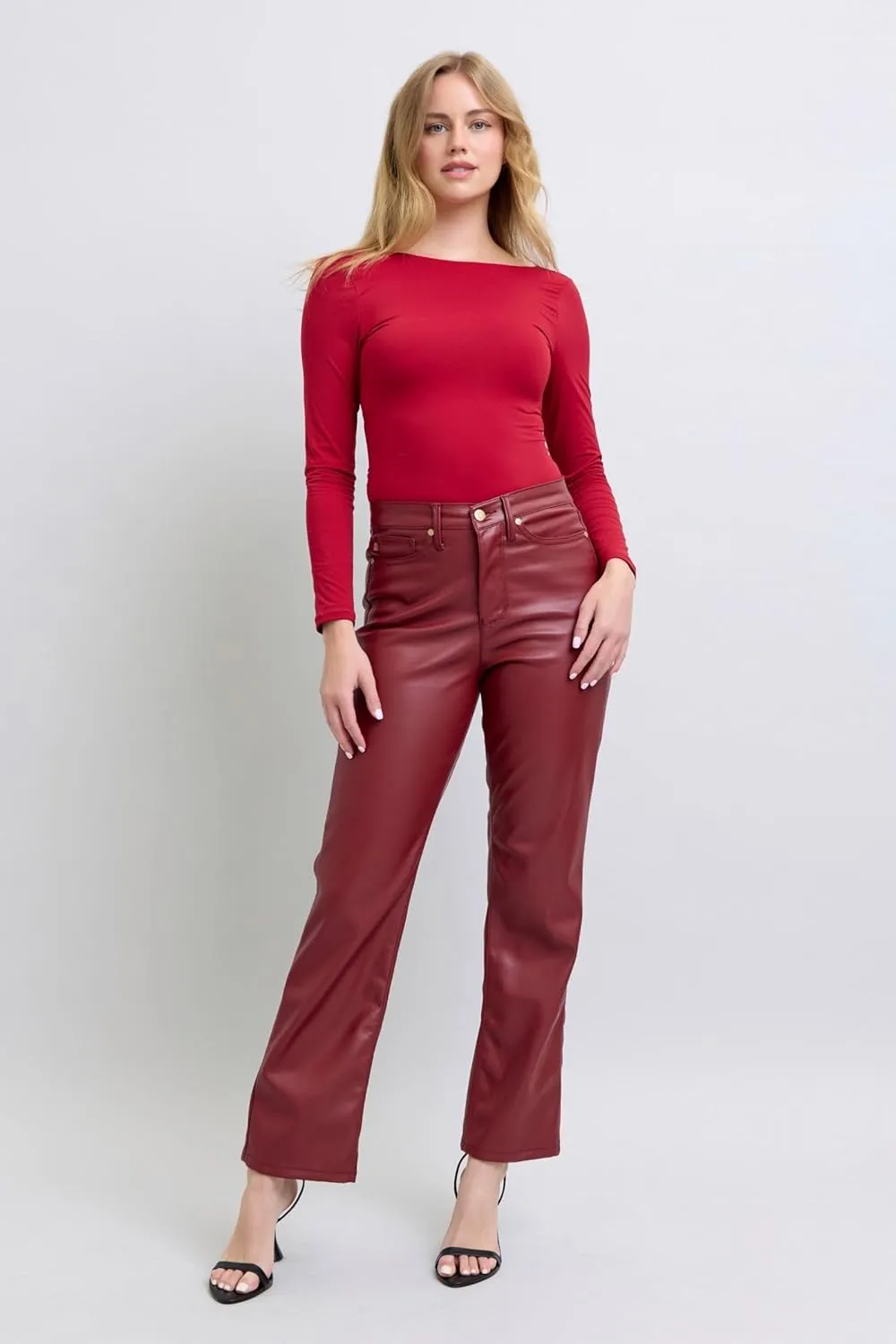 Faux Leather Straight Pants - High-Waisted Tummy Control Straight Red Faux Leather Pants - Women’s Shaping Pants - 88898