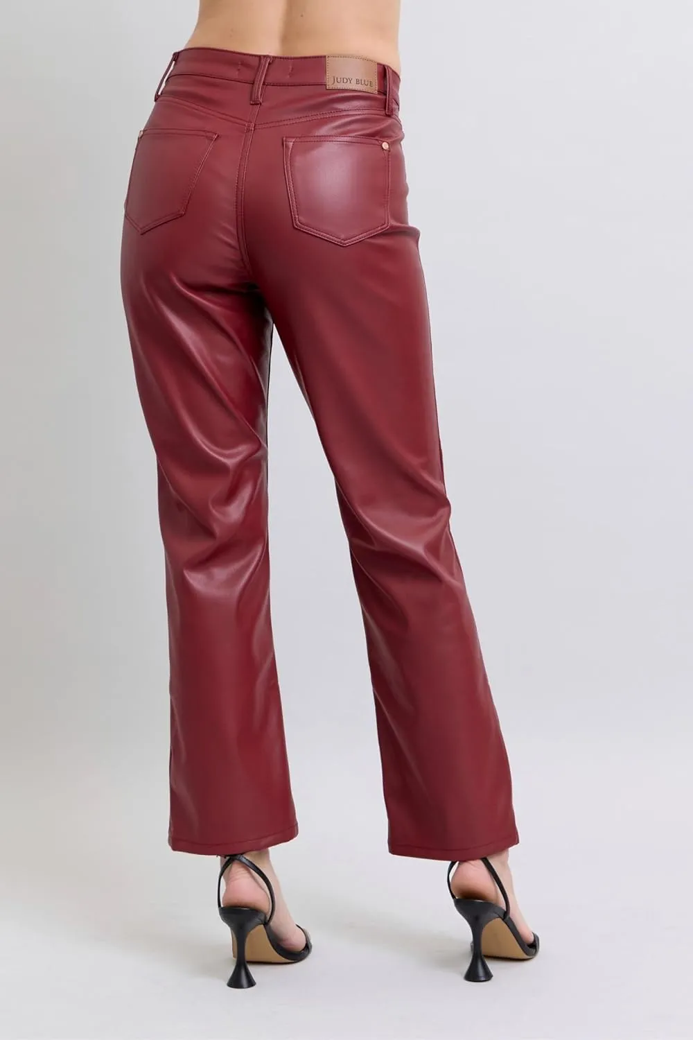 Faux Leather Straight Pants - High-Waisted Tummy Control Straight Red Faux Leather Pants - Women’s Shaping Pants - 88898