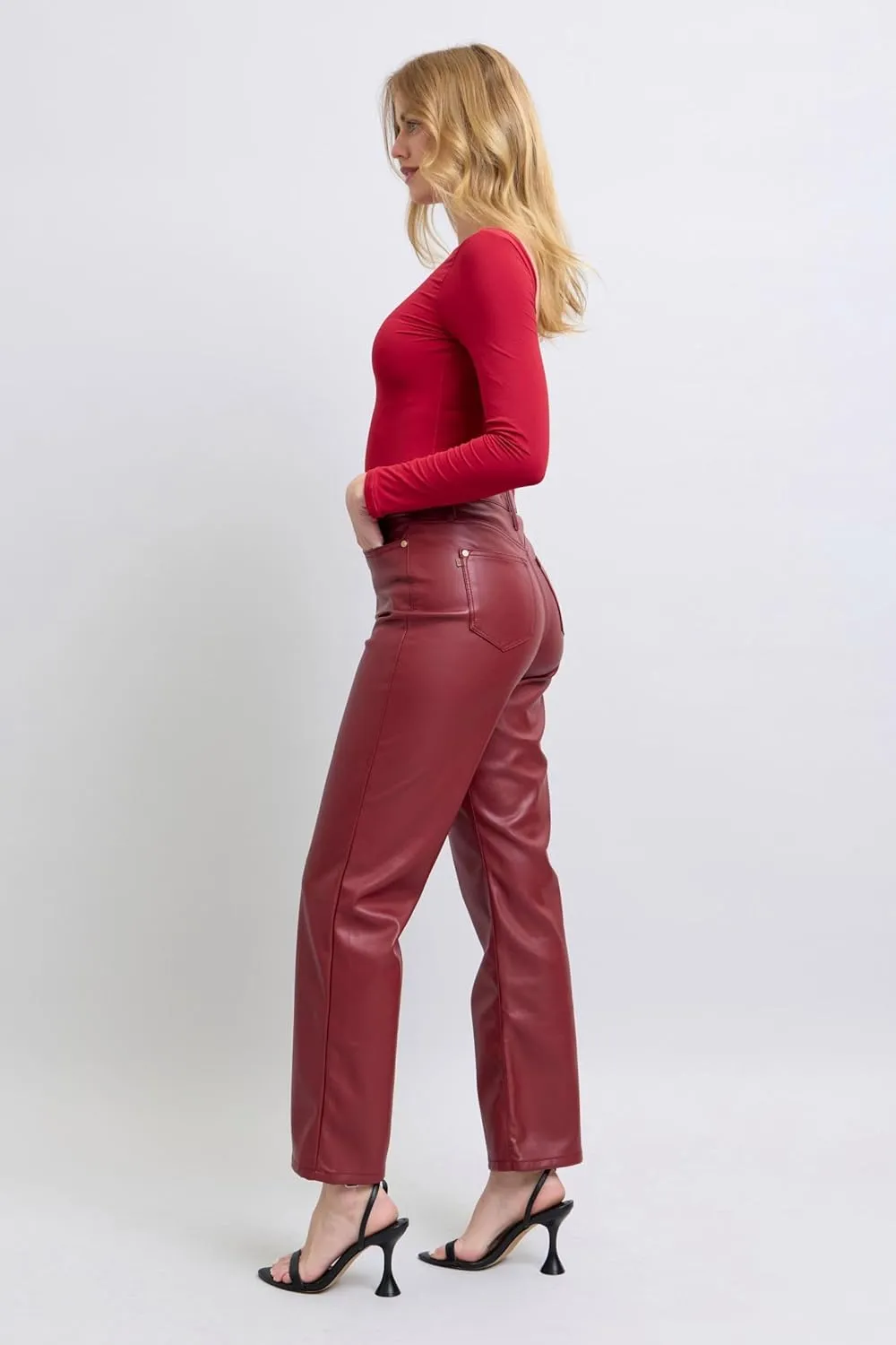 Faux Leather Straight Pants - High-Waisted Tummy Control Straight Red Faux Leather Pants - Women’s Shaping Pants - 88898