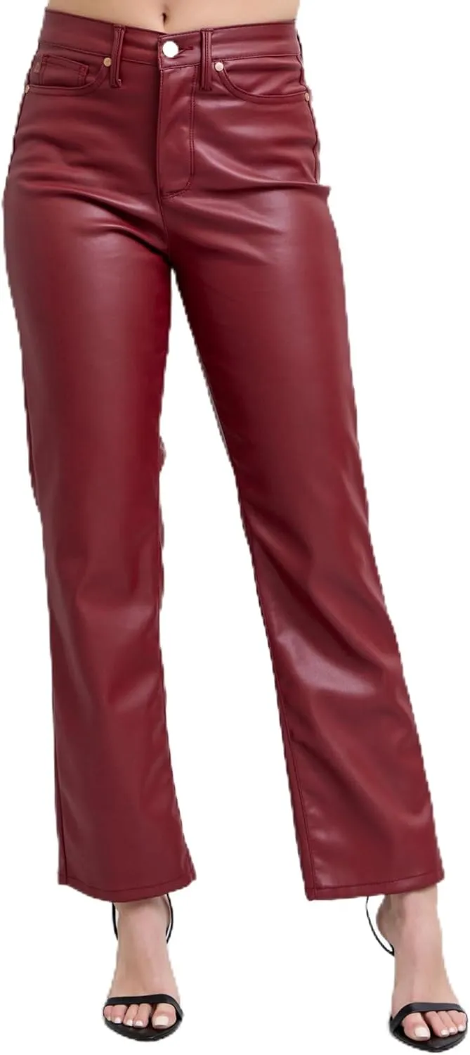 Faux Leather Straight Pants - High-Waisted Tummy Control Straight Red Faux Leather Pants - Women’s Shaping Pants - 88898