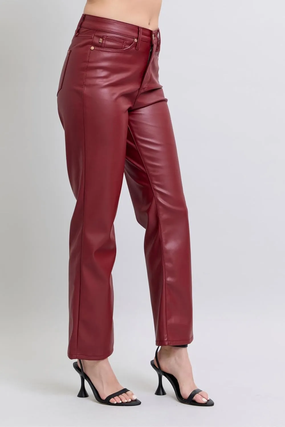 Faux Leather Straight Pants - High-Waisted Tummy Control Straight Red Faux Leather Pants - Women’s Shaping Pants - 88898