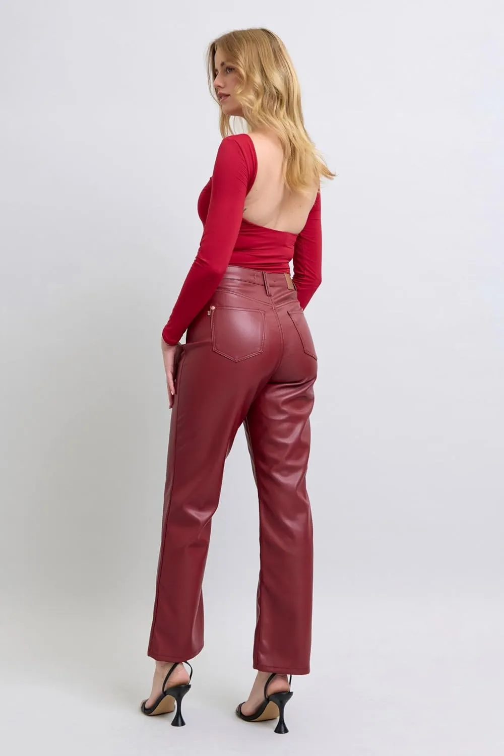 Faux Leather Straight Pants - High-Waisted Tummy Control Straight Red Faux Leather Pants - Women’s Shaping Pants - 88898
