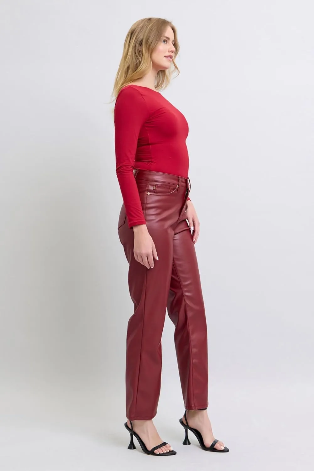 Faux Leather Straight Pants - High-Waisted Tummy Control Straight Red Faux Leather Pants - Women’s Shaping Pants - 88898