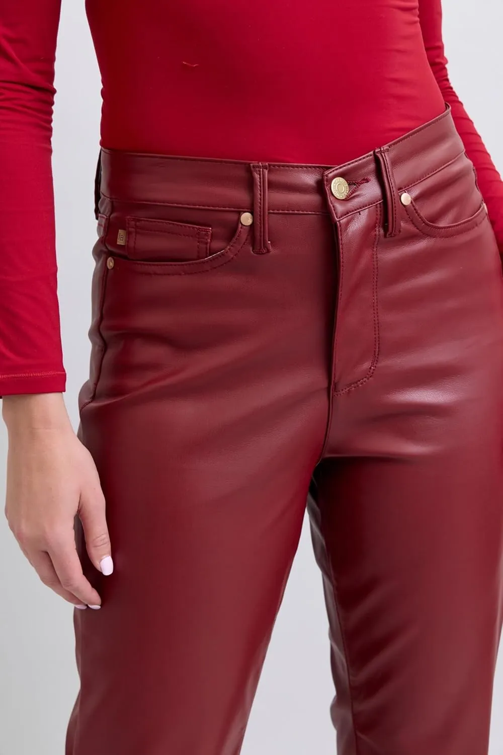 Faux Leather Straight Pants - High-Waisted Tummy Control Straight Red Faux Leather Pants - Women’s Shaping Pants - 88898