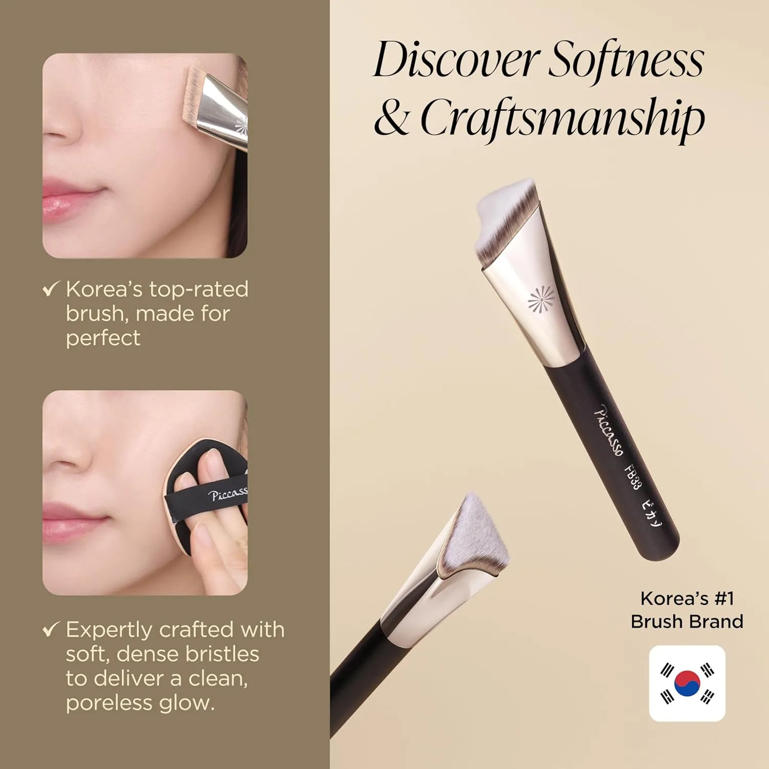 FB33 Foundation Brush – Tapping Cover Brush for Liquid & Cream Foundation, Fills Pores with Soft Bristles for Smooth and Flawless Face Makeup, Professional Korean Beauty Tool