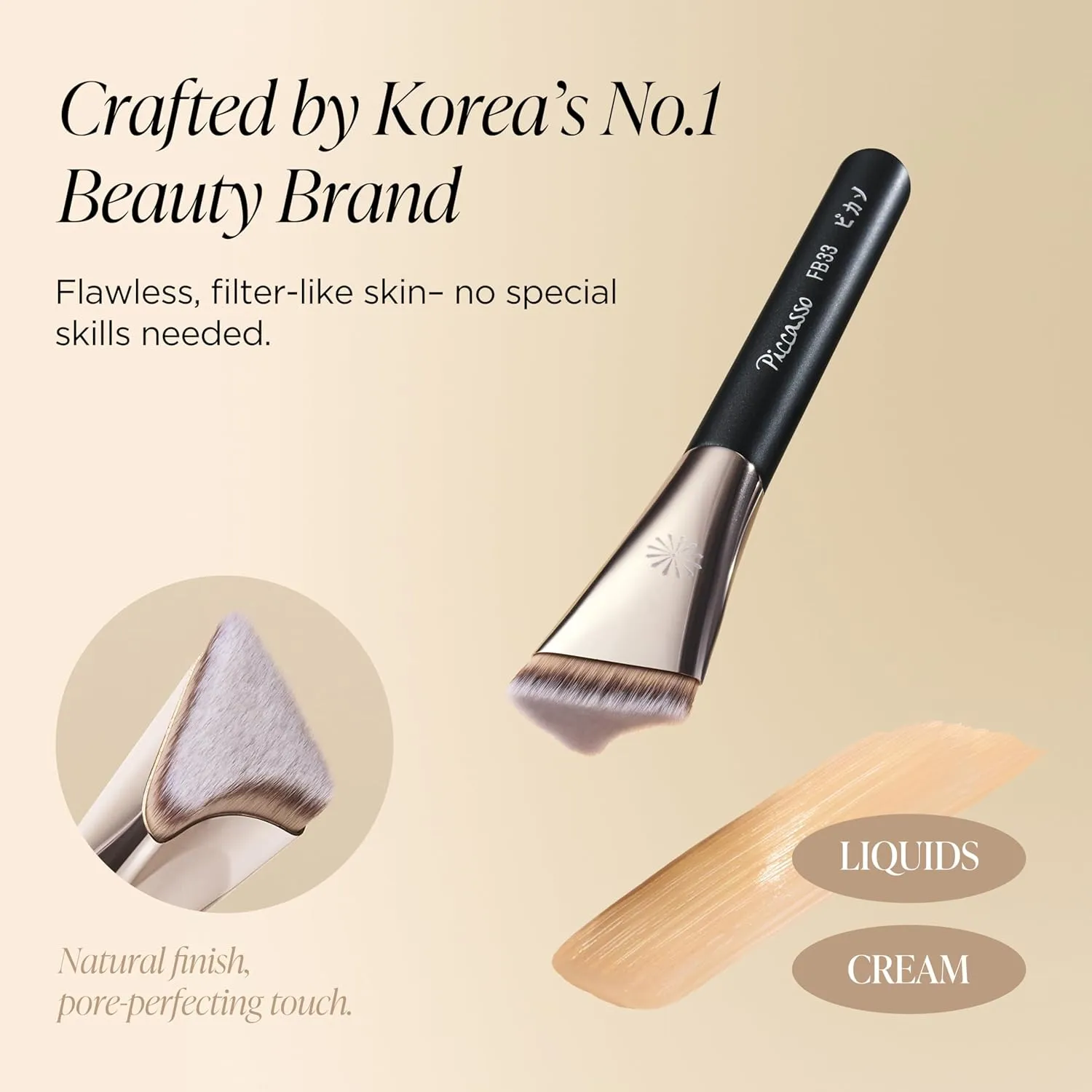 FB33 Foundation Brush – Tapping Cover Brush for Liquid & Cream Foundation, Fills Pores with Soft Bristles for Smooth and Flawless Face Makeup, Professional Korean Beauty Tool