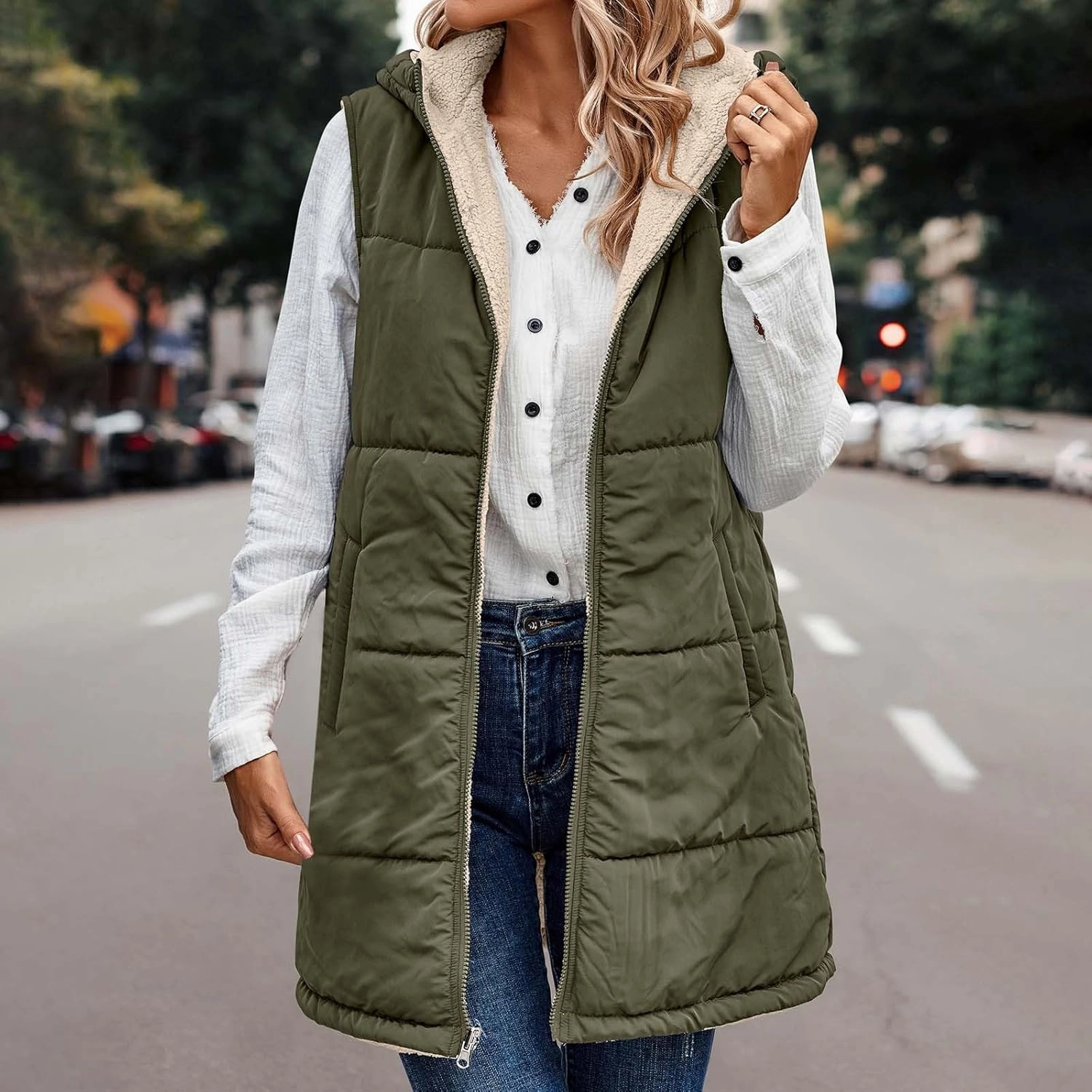 Firzero Puffer Vest Women Long Winter Sleeveless Quilted Jacket Plush Hooded Zip Up Vest 2024 Sherpa Fleece Jackets Hoodie