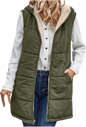 Firzero Puffer Vest Women Long Winter Sleeveless Quilted Jacket Plush Hooded Zip Up Vest 2024 Sherpa Fleece Jackets Hoodie