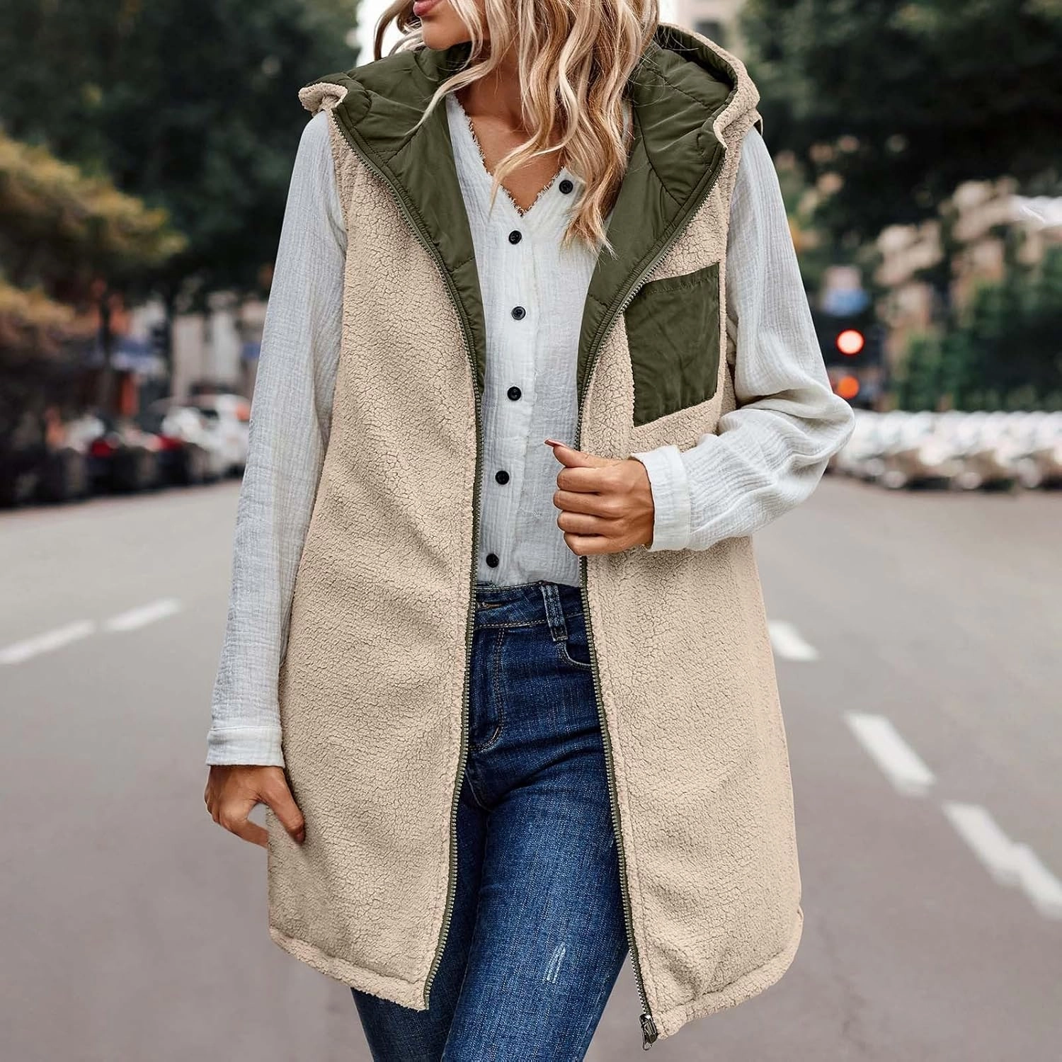 Firzero Puffer Vest Women Long Winter Sleeveless Quilted Jacket Plush Hooded Zip Up Vest 2024 Sherpa Fleece Jackets Hoodie