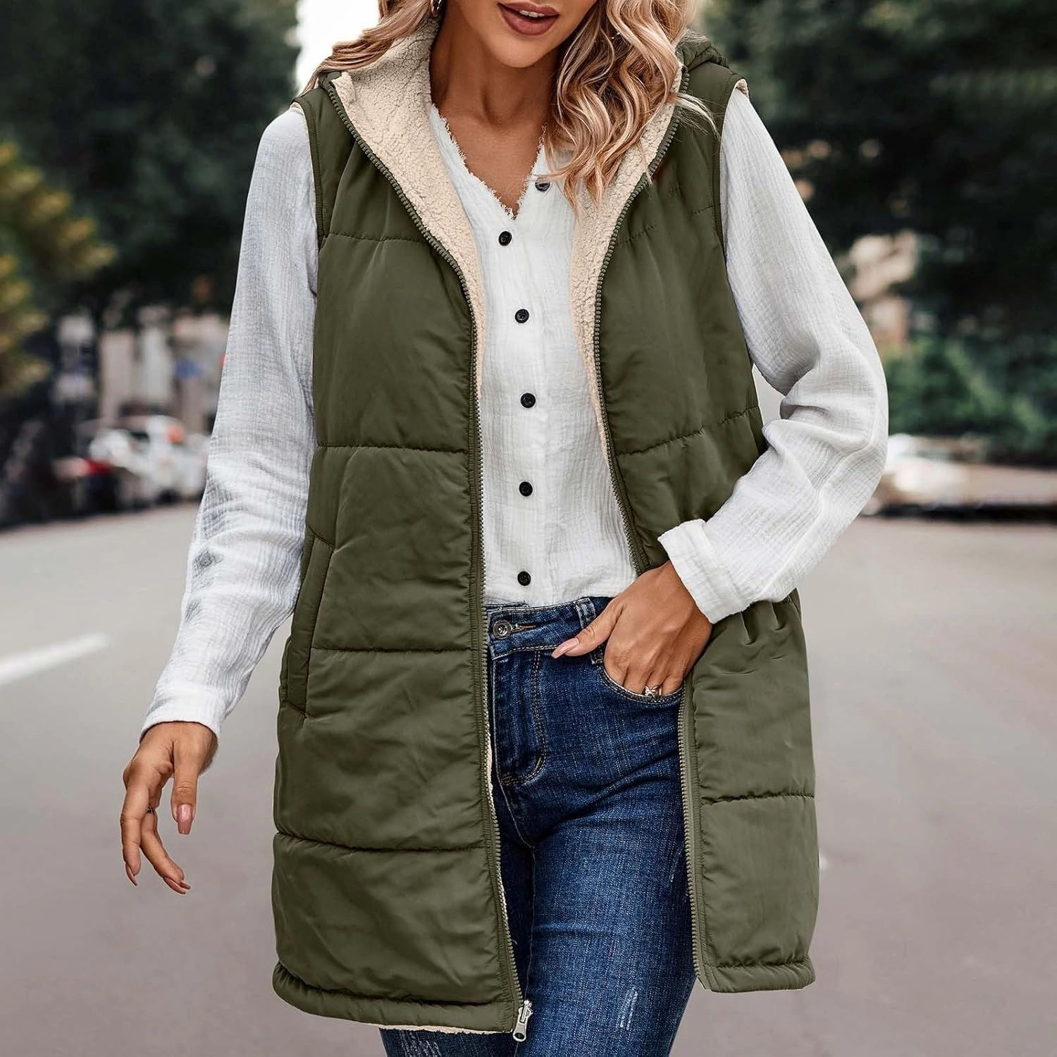 Firzero Puffer Vest Women Long Winter Sleeveless Quilted Jacket Plush Hooded Zip Up Vest 2024 Sherpa Fleece Jackets Hoodie