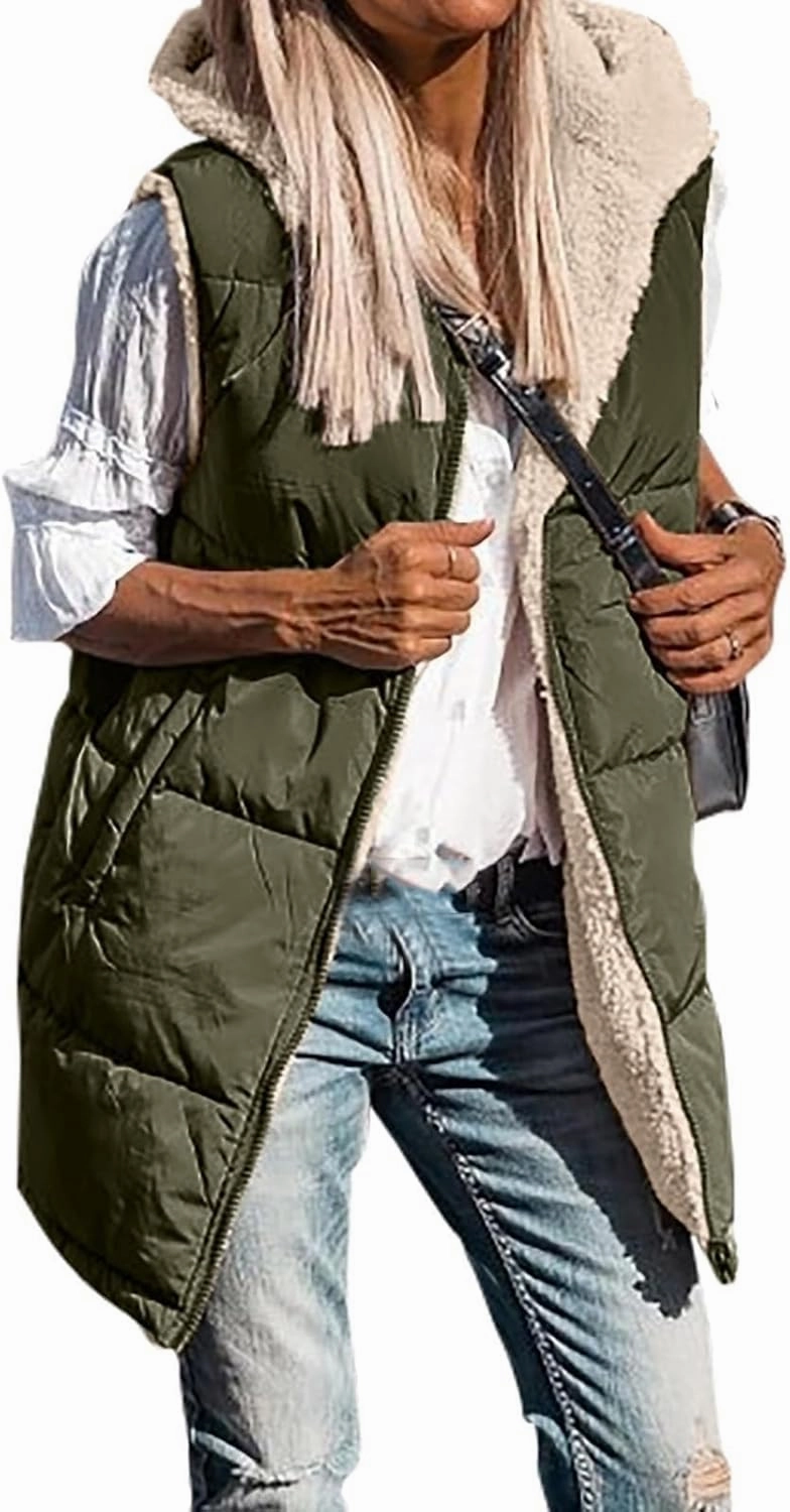 Firzero Puffer Vest Women Long Winter Sleeveless Quilted Jacket Plush Hooded Zip Up Vest 2024 Sherpa Fleece Jackets Hoodie