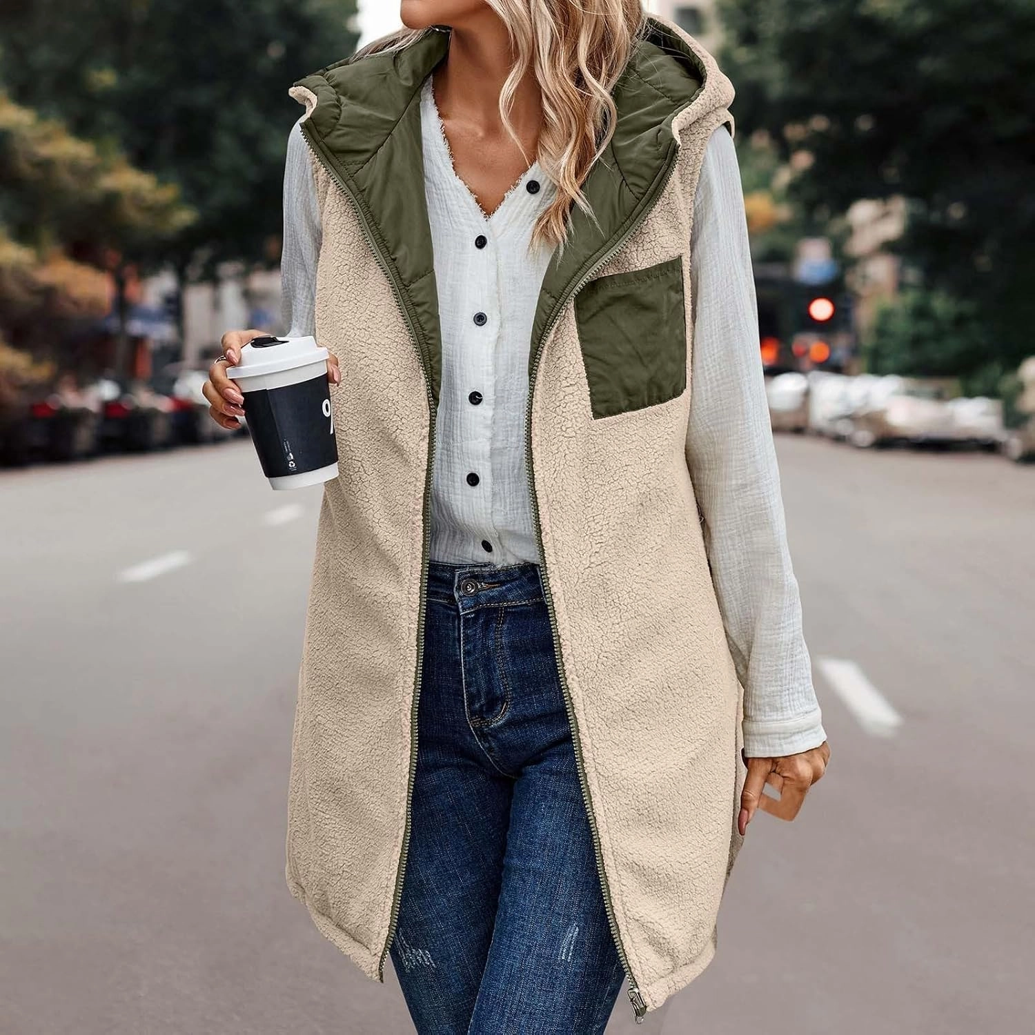 Firzero Puffer Vest Women Long Winter Sleeveless Quilted Jacket Plush Hooded Zip Up Vest 2024 Sherpa Fleece Jackets Hoodie