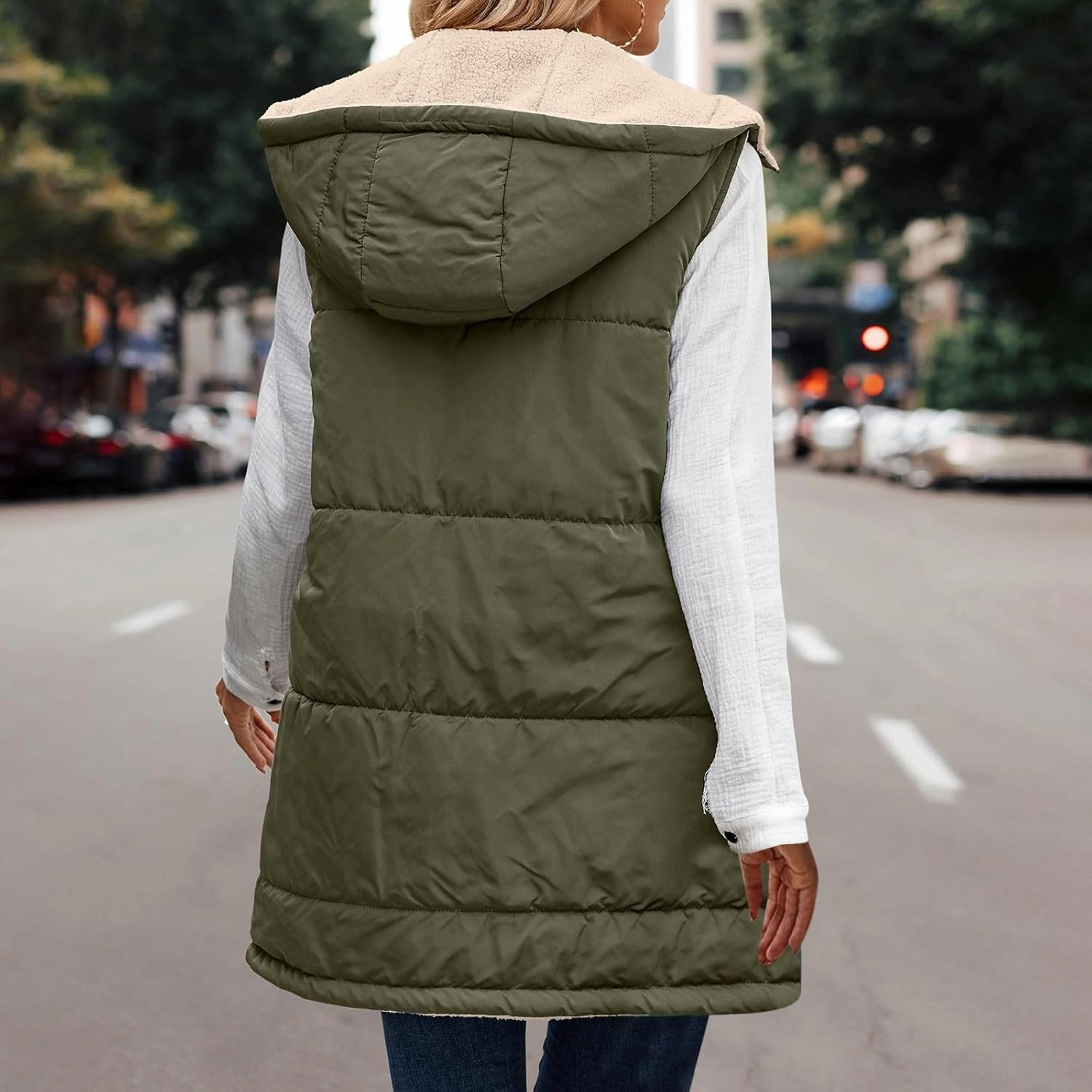 Firzero Puffer Vest Women Long Winter Sleeveless Quilted Jacket Plush Hooded Zip Up Vest 2024 Sherpa Fleece Jackets Hoodie