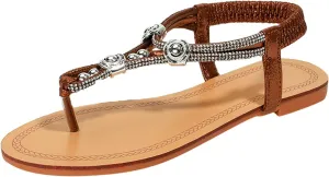 Flip Flops Sandals for Women Dressy Summer Flat Sandals Rhinestone Beaded Sandal Elastic Ankle Strap Beach Shoes