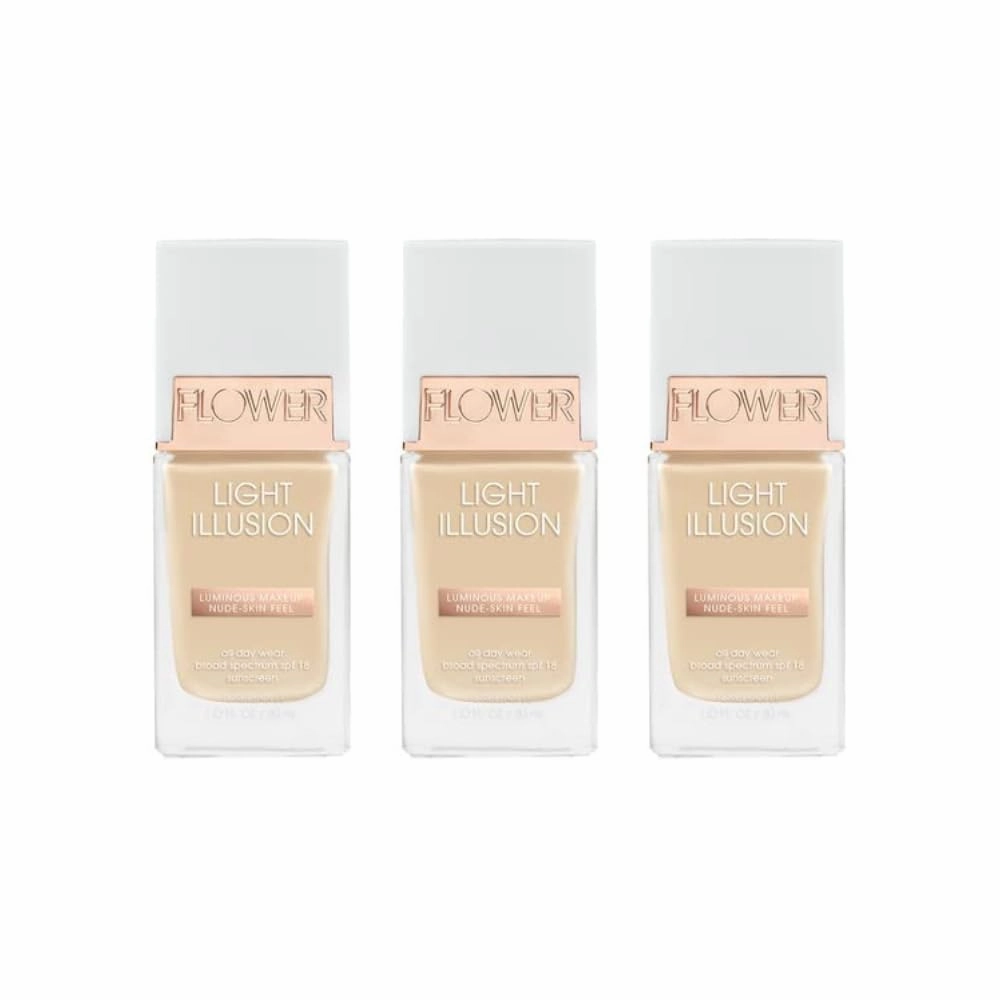 FLOWER Beauty Light Illusion SPF Foundation | Lightweight, Breathable Long-Lasting Liquid Formula | Blends Imperfections and Uneven Skintone | Flawless, Smooth Finish - Porcelain (Pack of 3)