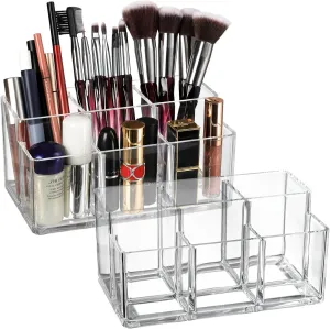 Foraineam 2 Pack Acrylic Makeup Brushes Holder with 6 Slots, Clear Pen Pencil Organizer Desktop Stationery Storage Container, Vanity Cosmetic Eyeliners Eyebrow Pencil Display Case
