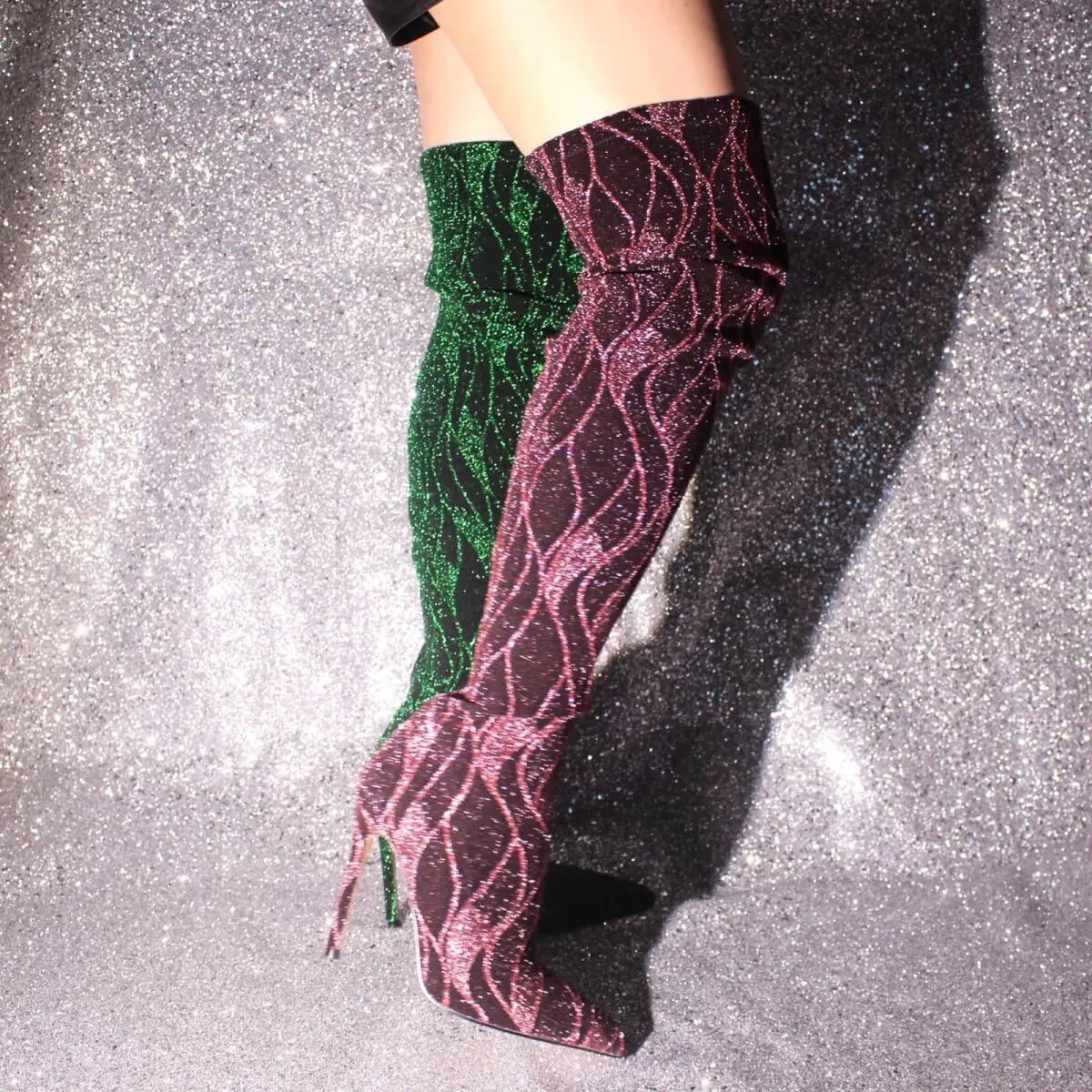 Frankie Hsu Kitten Over Knee High Heeled Boots, Pink Black Thigh High Heels Boots, Special Stripe Design Shiny Glitter Stretch Fabric Over The Knee High Heeled Shoe for Women