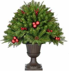 Fraser Hill Farm Joyful Porch Tree in Pedestal Urn with Berries, Pinecones, and Ornaments, 30 Inches Tall | Unique and Classy Artificial Outdoor Christmas Decoration for Porches | FFJFPT030-0GR