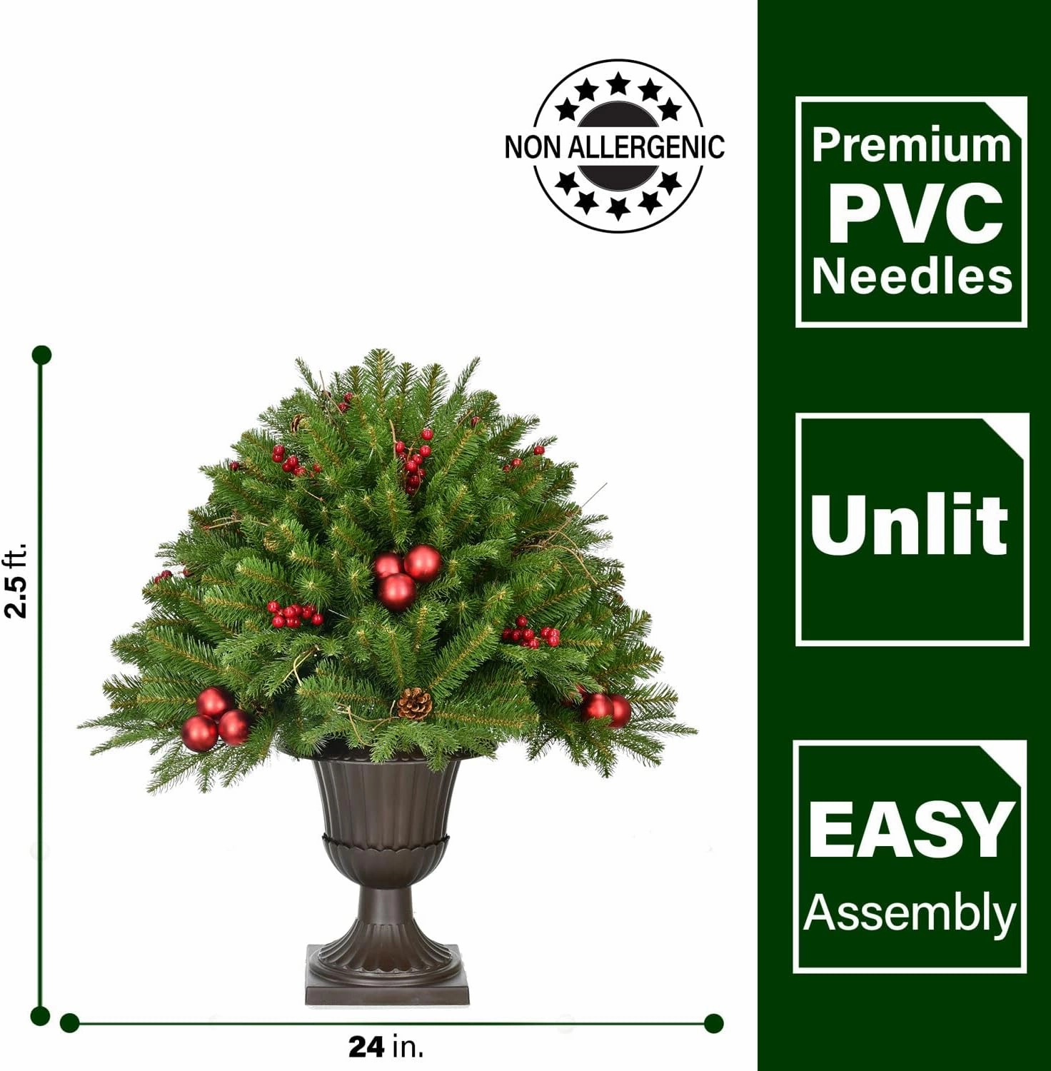 Fraser Hill Farm Joyful Porch Tree in Pedestal Urn with Berries, Pinecones, and Ornaments, 30 Inches Tall | Unique and Classy Artificial Outdoor Christmas Decoration for Porches | FFJFPT030-0GR