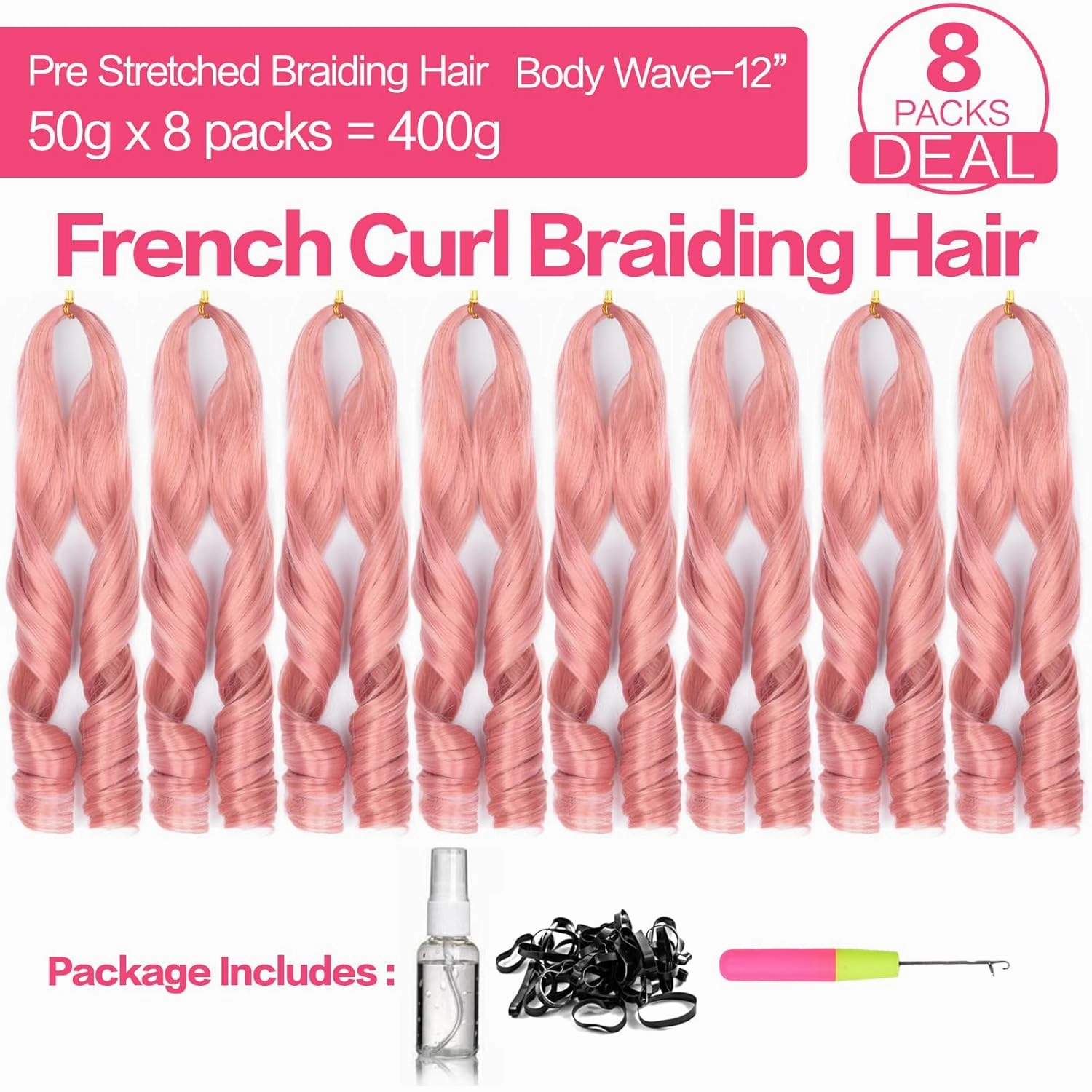 French Curl Braiding Hair 12 Inch 8 Packs Short Pink Curly Braiding Hair Pre Stretched 50g/pack Loose Wavy Braiding Hair Synthetic Hair Extensions for Black Women (12 inch,8 packs, MP2)
