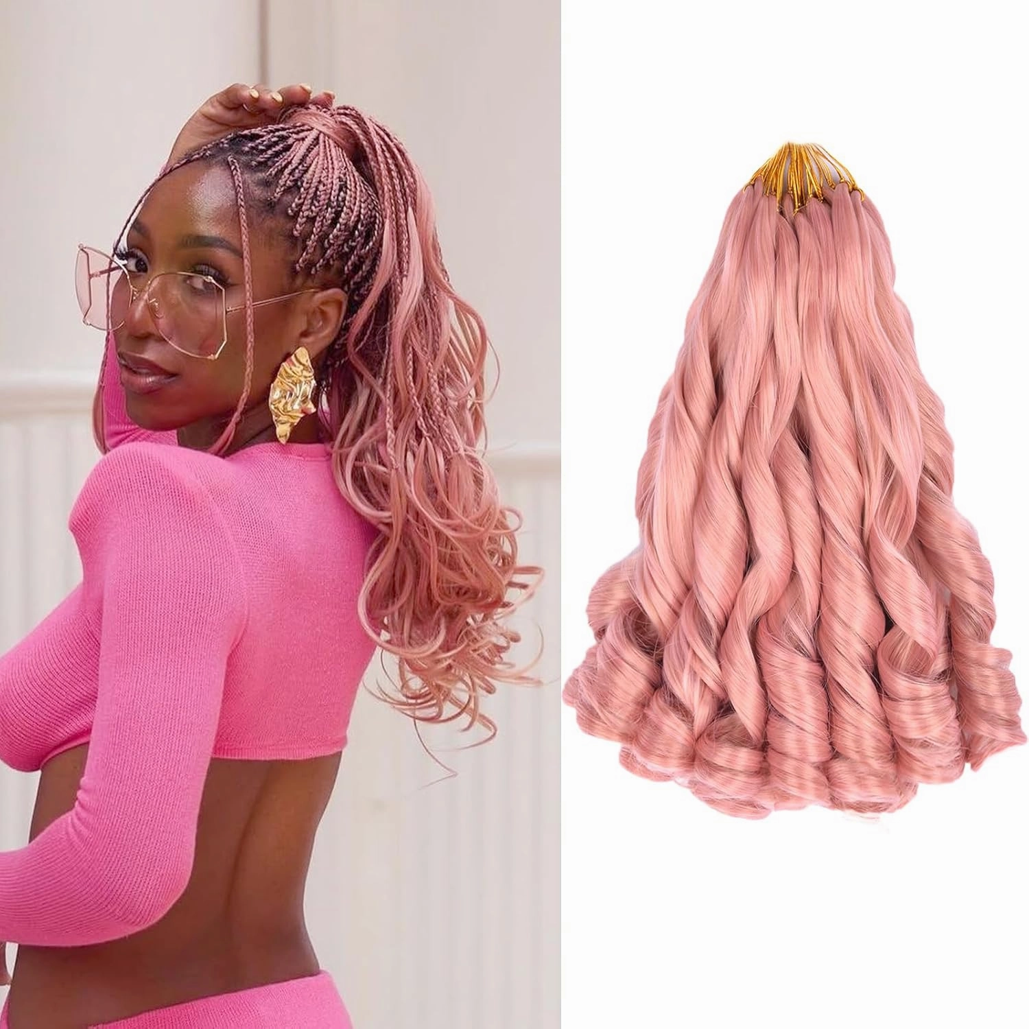 French Curl Braiding Hair 12 Inch 8 Packs Short Pink Curly Braiding Hair Pre Stretched 50g/pack Loose Wavy Braiding Hair Synthetic Hair Extensions for Black Women (12 inch,8 packs, MP2)